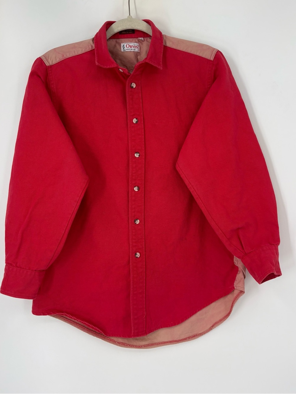Orvis Men's vintage cotton Long Sleeve Red & Ivory Button Down Shirt USA Large